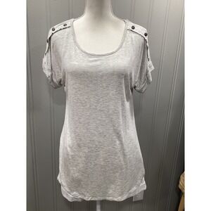 Emerald USA Women Heathered Gray Button Shoulder Tunic Tee Shirt Top S